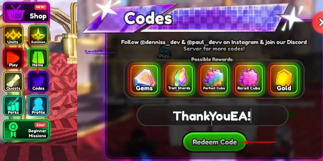 Anime Squadron code redemption menu